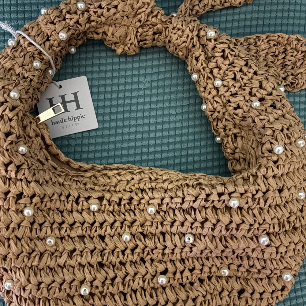 NWT Haute Hippie Tan Woven Bag with Pearl Accents